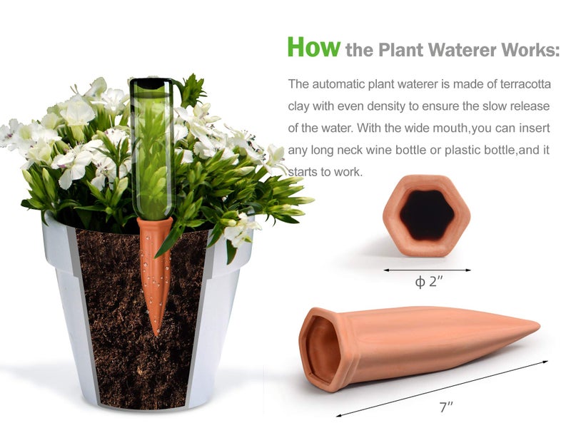 B SEPOR Ceramic Plant Waterer Set of 6 Pack Terracotta Self Watering Spikes,Wine Bottle Plant Watering Devices for Vacation (6Pack) - Image 3